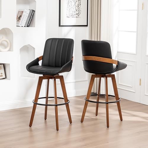 Image of AQG Counter Height Bar Stools Set of 4, Mid Century Modern Retro Bar Chairs, Swivel Barstools with Walnut Craft, Faux Leather Upholstered Furniture for Island /Counter (Black, 26.3 inch-4 PCS)