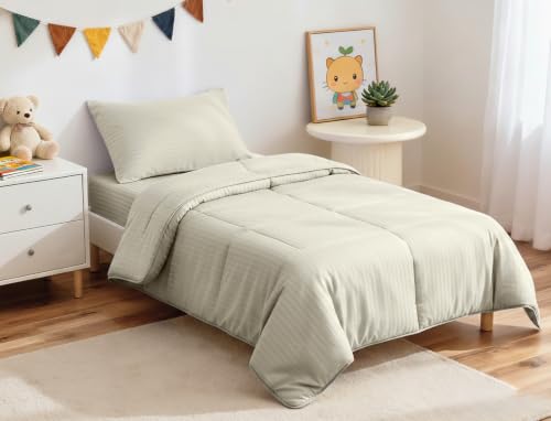 Image of ZPECC Toddler Bedding Set - 4 Piece Hypoallergenic Baby Crib Bedding Set for Boys and Girls, Includes Toddler Comforter, Flat Sheet, Fitted Sheet and Pillowcase, Cream Stripe