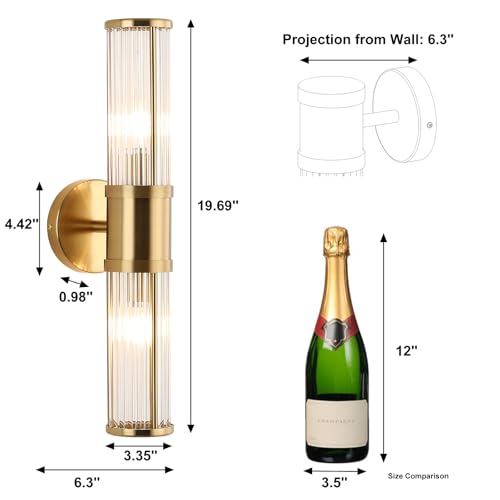 Image of Brushed Brass Wall Sconces Set of 2, Bathroom Sconces with Clear Glass Rods Shape, Modern Vanity Light Fixture for Living Room Bedroom Hallway (Bulbs Not Included)