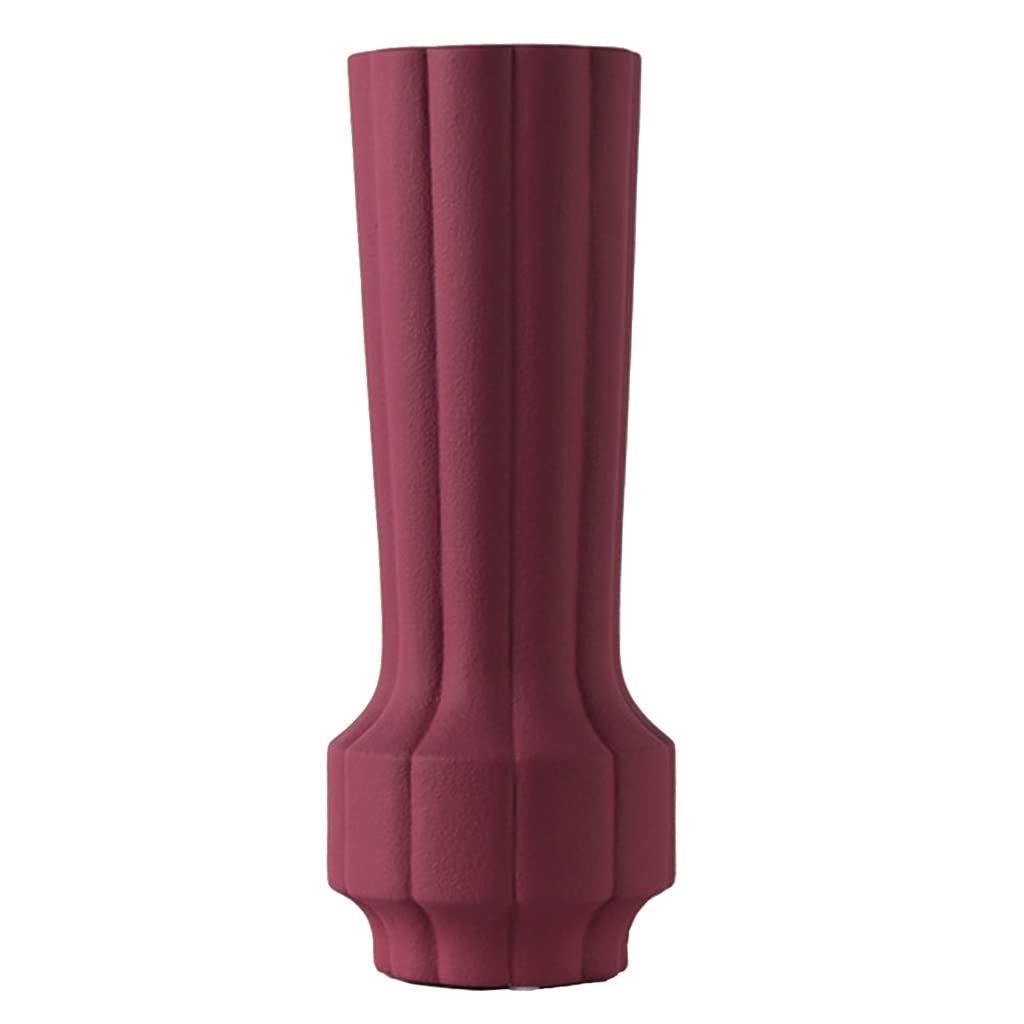 Ceramic vase， Wide-Mouth Vase Creative Striped Flower Container(Fuchsia)