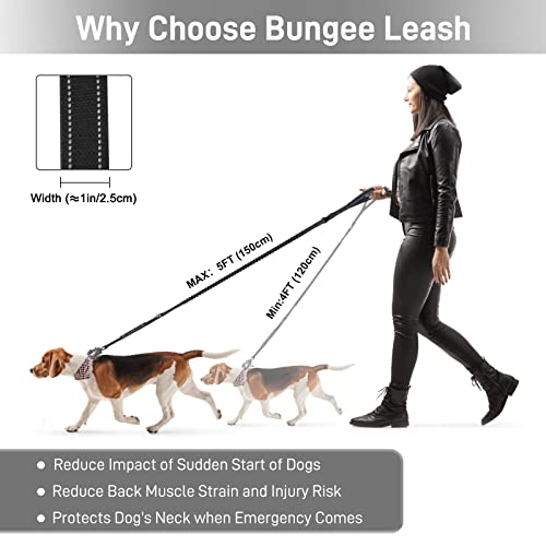Heavy Duty Dog Leash 4-5Ft Tactical Adjustable Bungee Power Stretch Leashes For Large Medium Small Dogs Up To 160Lbs Reflective Strong Dog Leash With Car Seatbelt (Black) #TOP2