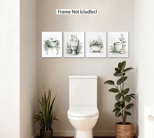 Image of Frimeeme Unframed Green Botanical Bathroom Wall Art Decor,Set of 4