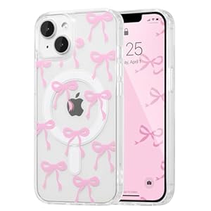 UEEBAI Magnetic for iPhone 14 Case & iPhone 13 Case, Bow Case Compatible with MagSafe, Wireless Slim Clear Ribbon Phone Cover Anti-Yellowing Shockproof Protective Cover for Women Girl – Pink