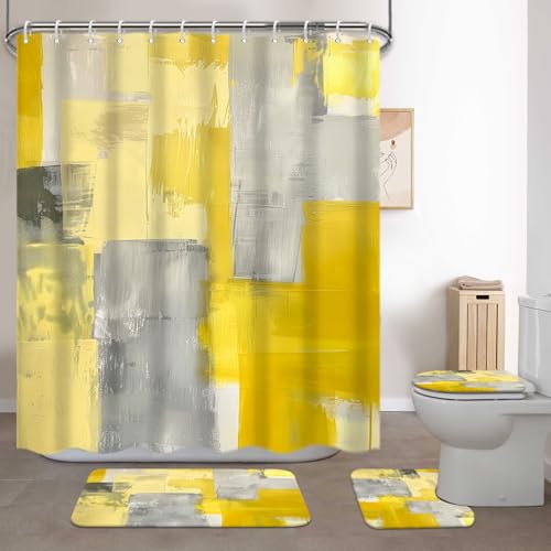 Lnond 4Pcs Bathroom Sets with Shower Curtain and Rugs, Yellow Grey Abstract Bathroom Shower Curtain Sets, Yellow Modern Art Bathroom Sets with Rugs and Accessories by Lnond - Image 8