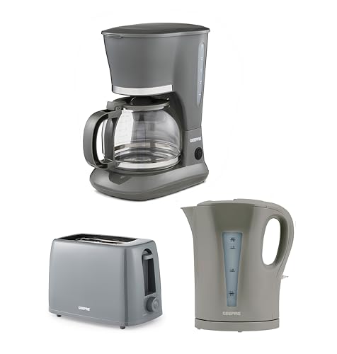 GEEPAS 1.5L Filter Coffee Machine, 1.7L Electric Kettle & 2 Slice Toaster Combo Set | 800W Coffee Maker for Instant Coffee Espresso | 2200W Cordless Jug Kettle Auto Shut Off | 650W Toaster, Grey