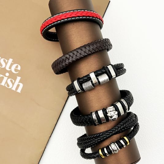 Miniatura 5 de Pulseras de cuero para hombre, 5 piezas, pulsera de moda para hombre, de cuero y acero, trenzada, con cierre de pulsera, regalo para hombres