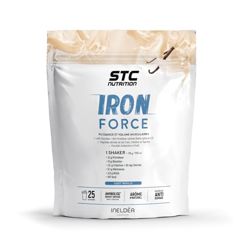 STC NUTRITION Iron Force, Protéine, Glutamine, Taurine, Vitamines, Prise de Masse, Construction Musculaire, Brevet Aminolise 100% Digeste, Sans Colorant, Gluten, Goût Vanille, 25 Shakers, 750 g