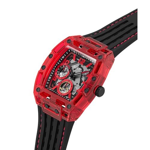Image of GUESS Gt Phoenix Analog Watch for Man with Black Rectangle Dial & Black Silicone Strap Band Water Resistant Men's Wrist Watches - GW0499G4
