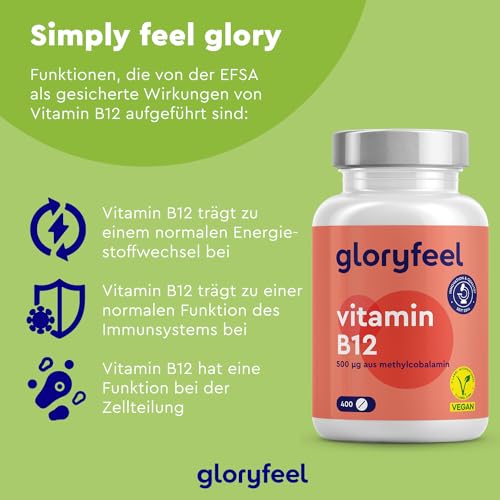 Vitamin B12 Vegan - 400 Tabletten (+1 Jahr) - 500µg B12 Methylcobalamin - Gegen Müdigkeit und Erschöpfung* - Hochdosiert, laborgeprüft, ohne Zusätze & Folat in Deutschland hergestellt