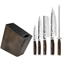 Shun Premier 6 Piece Block Set, Includes 8" Chef, 4" Paring, 5.5" Nakiri, 6.5" Utility Knives, Honing Steel & 8-Slot Angled Knife Block, Handcrafted Japanese Knife Set, Pakkawood Handles