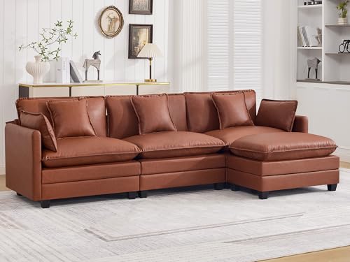 111'' Sectional Cloud Deep Seat Couch, Modern Comfy Leather L Shaped Sectional Sofa for Living Room Set, Upholstered Modular 4-Seats Sofa Couch with 1 Movable Ottoman, Leather Brown