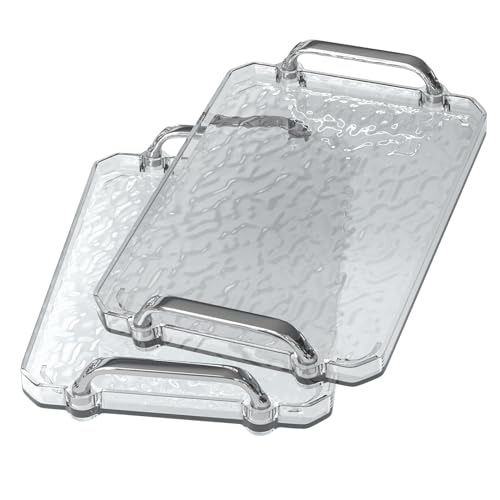 2 Packs Serving Tray with Handles, Decorative Acrylic Tray for Coffee Table Ottoman Countertop Valet Plastic Rectangular Serving Trays for Party, Bar, Kitchen, Restaurant & Bathroom (White) (White)