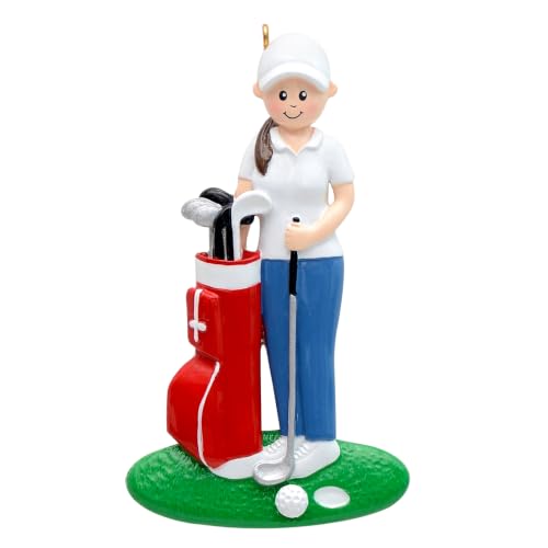 Golf Ornament for Women 2026 Female Golfer with Red Golf Bag and Clubs