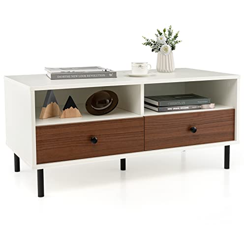Costway Modern Coffee Table With Storage, Rectangle Sofa Center Table With 2 Open Shelves & 2 Drawers, Sturdy Metal Legs, Wood Accent End Table For Living Room, Home, Office #TOP13