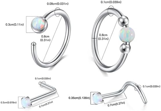 AVYRING Opal Nose Rings Hoops Set - 18g & 20g Nose Piercing Jewelry Surgical Steel Silver Nose Studs L Shaped Screw White Opal - Image 3