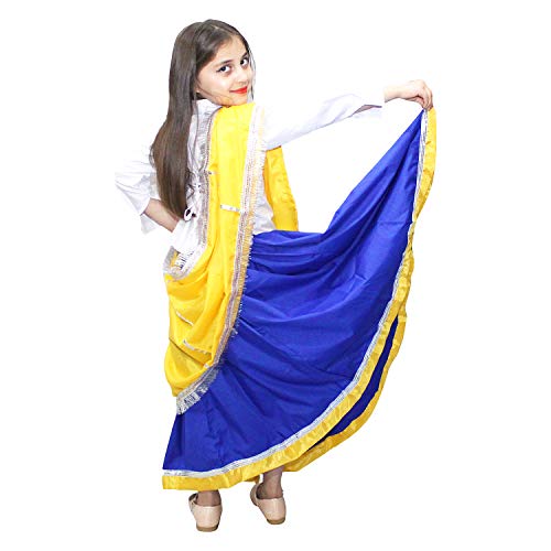 Image of Kaku Fancy Dresses Indian State Haryanvi Dress Costume for Girls, Haryanvi Dance Lehenga Polyester Yellow & Blue, 10-12 Years