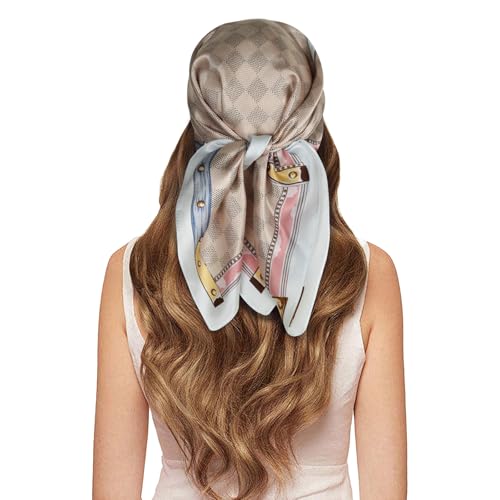 EXTREE 100% Pure Mulberry Silk Scarf Fashion Hair for Women Scarf Lightweight Square Neckerchief 27.5× 27.5 inches Lattice Gold Cabinet Powder