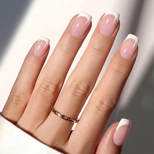 Image of Beetles Pink French Tip Press on Nails - Short Square, 64 PCS 16 Sizes | Nail Glue & Adhesive Tabs, Salon-Quality Natural Nails, 10-Minute Easy Daily Application, All-in-One Complete Kit