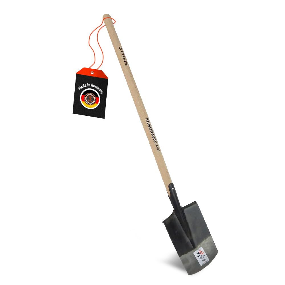 SHW-FIRE Apollo-Spaten - 1/2 poliert, umgebogener Tritt und Buchenstiel | Made in Germany | Für Garten- & Erdarbeiten |Umgraben & Ausheben | Halbpoliertes Blatt| Mit Tritt | Schmiedequalität