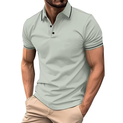 Image of Golf Polo Shirts for Men Summer Short Sleeve Casual Button Down Lapel Golf Tees Solid Color Pirinted Collar Sport Running Tshirt Lightweight Comfy Daily Classic Basic Breathable Gym Tshirts Grey