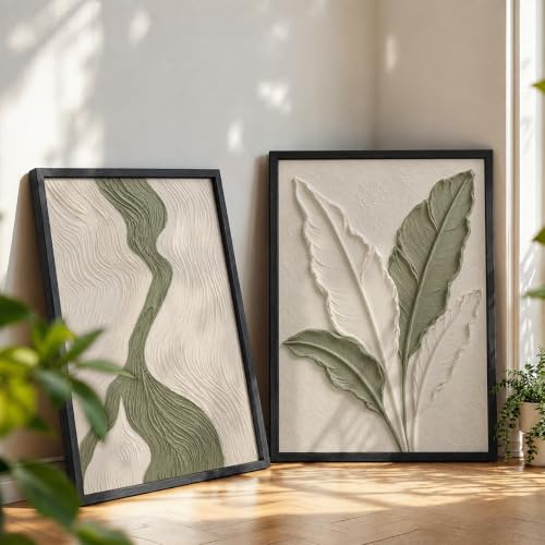 Image of NoWorries Textured Botanical Leaf Wall Painting Set of 2 with Frame | Sage Green & Beige Abstract Nature Artwork, Minimal Modern Wall Decor for Living Room, Bedroom, Office and Home Decoration (Art-11, 21x31inch)