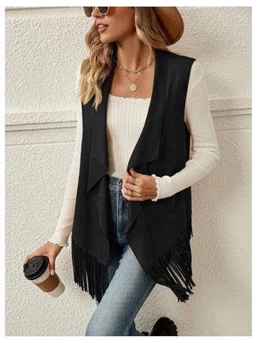 Women's Sleeveless Fringe Vest Open Front Faux Suede 70s Hippie Jakcket Outerwear3