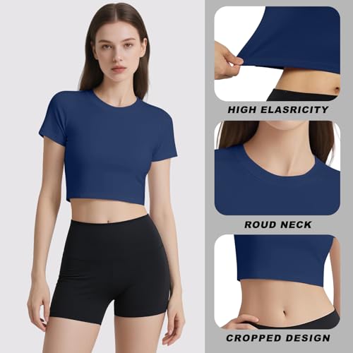 Coume 4 Pack Women's Compression Crop Tops Quick Dry Short Sleeve T Shirt Crew Neck Workout Athletic Shirt Yoga Tight Basic4