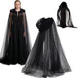 Halloween Medieval Hooded Cloak 3-Layer Chiffon Gothic Witch Cape, Cosplay Costume for Women, Long Black Sheer Cape