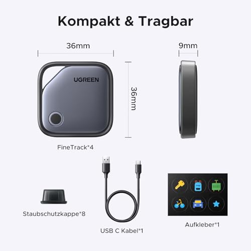 UGREEN Finetrack 4er Pack unterstützt USB C Aufladen, Bluetooth Tracker kompatibel mit Apple Find My (nur iOS), Smarttag bis zu 12 Monate Akkulaufzeit, Finder für Schlüssel, Koffer, Pass