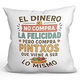 MUGFFINS Cojín con Relleno Cojines Originales para Regalar | Cojines Divertidos | Humor | El Dinero no Compra la Felicidad Pero Compra pintxos en Español | 40x40cm | poliéster | Comida v1