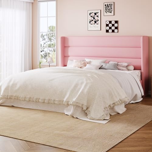 Allewie Queen Size Platform Bed Frame with Velvet Upholstered Wingback Headboard No Box Spring Needed Under Bed Storage Space Strong Wooden Slats Modern Mattress Foundation Easy Assembly Pink