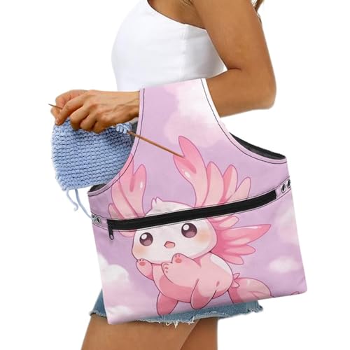 Image of Axolotl Yarn Bags for Crocheting Portable Knitting Bag Pink Yarn Storage Organzier Holding Knitting Needles,Large