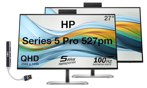 Image of HP Series 5 Pro 527pm 27 inch QHD IPS Monitor with 5ms Response Time, Anti Glare, Flicker Free, VESA Mount (100mm), Displayport, HDMI & Dockztorm USB Port Expander, Black /Silver (9E0Y9UT#ABA) 2 Pack