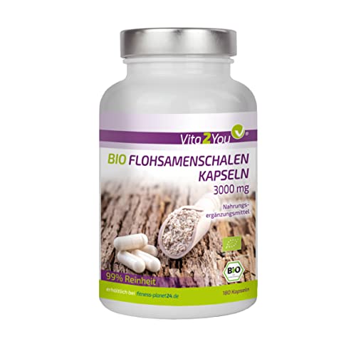 Flohsamenschalen Bio Kapseln 3000mg - 180 Kapseln - 750mg pro Kapsel - indische Flohsamenschalen hochdosiert - ohne Zusätze - Premium Qualität Cover