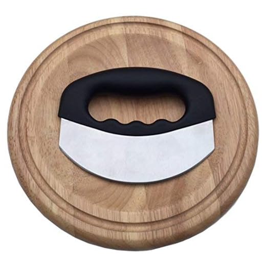 Checkered Chef Mezzaluna Chopper With Cutting Board Set - Rocker Knife - Mincing Knife With Cover and Herb Board - Round Wooden Curved Board