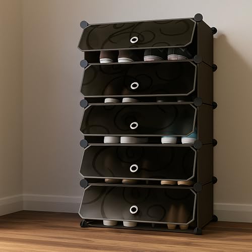 Image of Zemic Multipurpose Modular Plastic Shoe Rack for Home with Door | 𝟓 𝐒𝐡𝐞𝐥𝐟 Stackable Organizer | Waterproof & Dustproof | Space Saving Storage for Home, Bedroom & Entryway【Black, 5-Door-5-Shelf】