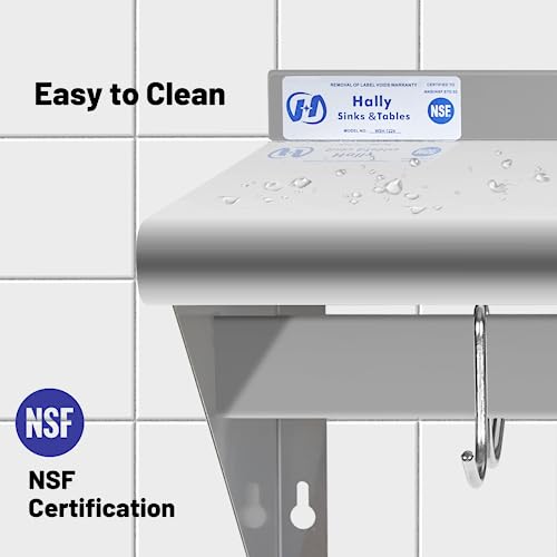 Image of Hally Stainless Steel Shelf with 4 Hooks 12 inch x 24 inch Wall Mounted Pot Rack, NSF Commercial Floating Shelving for Storage Hanging Pots, Pans, cookware in Restaurant, Kitchen, Home and Hotel