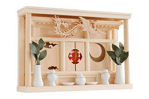 やまこう モダン 神棚 三社 箱宮 白木 神具セット付き 花鳥風月 鳳凰の聖域 薄型 日本製