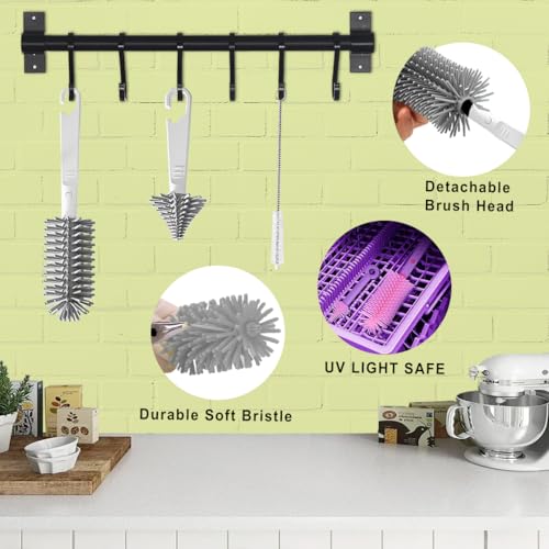 Image of Tony Stark 6-in-1 Baby Bottle Cleaning Brush Set - Includes Silicone Bottle Brush, Nipple Cleaner, Straw Brush, Soap Dispenser, Storage Box, Bottle Drying Rack | Silicone Bristles (Plain Box - White)