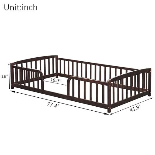 Image of Bellemave Twin Size Montessori Floor Bed Frame with High Fence, Solid Wood Kids Floor Bed with Central Entrance, Low Profile Bed for Boys & Girls, Rounded Corner Design,Espresso
