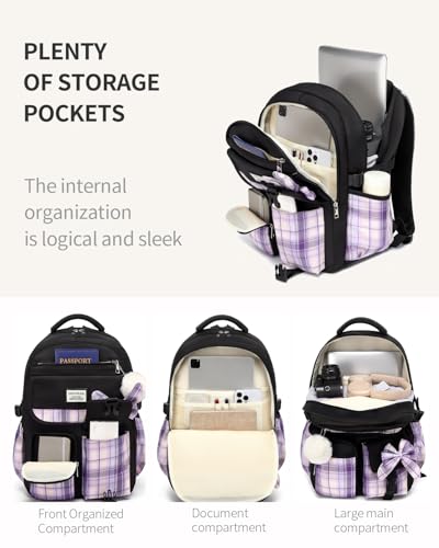 Image of Backpack for School Girls, 3Pcs Kids Cute Bookbag with Lunch Box Pencil Pouch, Student Pack Fits 15.6 Inch Laptop for Teens bag for Kindergarten Elementary Preschool Middle School, Black Purple Tartan
