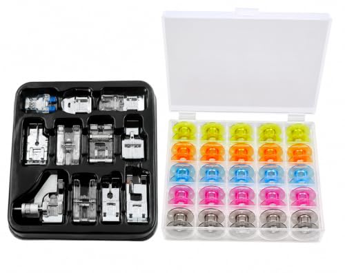 Image of ZENITH 11 Pcs Sewing Machine Presser Feet Accessories Kit, Compatible with Brother, Usha Janome, Singer Low Shank, Multiple Stitch Functions (11 pc Kit + 25 Multicolor Bobbin Box)
