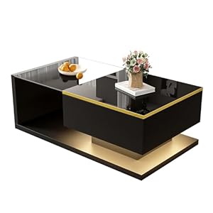 Pangshiyuan LED Couchtisch Schwarz Hochglanz mit Glasplatte