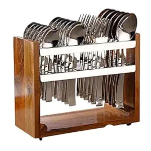 Image of Premium Wooden Cutlery Set Eco-Friendly Utensils for Sustainable Dining and Entertaining,Wooden Hanging Stand, 6 Tea Spoons,6 Table Spoons,6 Table Forks,6 Dinner Spoon, Spoon Set(24 Piece)