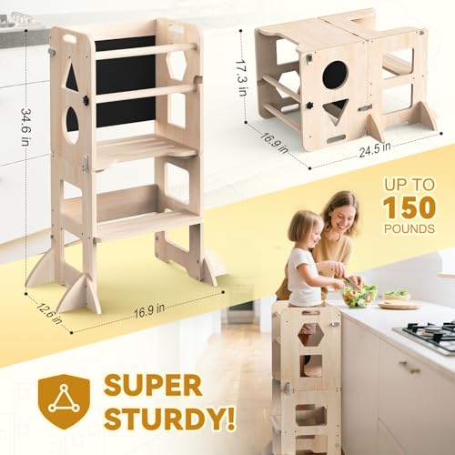 Image of Woodure 3-in-1 Toddler Kitchen Step Stool, Foldable Learning Standing Tower with Blackboard, Wooden Kitchen Stool Helper for Kids