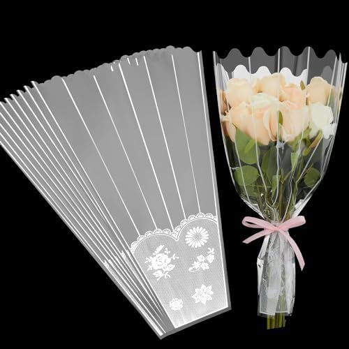 Wentoenapp 100 Pcs Clear Plastic Flower Bouquet Bags - Open Top Cellophane Gift Wrap Sleeves