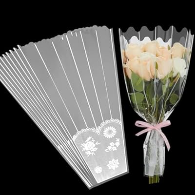 LATERN 100 Piezas Bolsa de Ramo de Flores, 45CM Bolsas de Plástico para Envolver Flores Funda de Celofán con Ramo Floral Transparente con Decoración de Tiras y Encaje (Espalda Plateada) | Ya disponible en tu tienda friki favorita! En mundofriki.es!