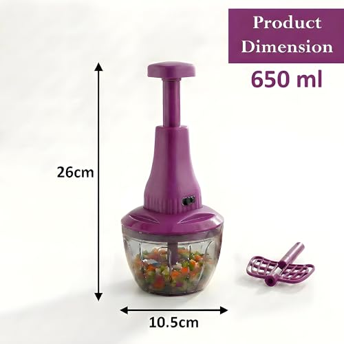 Image of Chopper for Kitchen Use | 650 ml Round Push Chopper with 3 Blades and Whisker | Chopping Vegetables & Fruits, Onion, Ginger, Garlic, Salad, Tomato, Potato (Purple)
