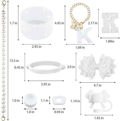 Hpebl 9PCS White for Stanley Cup Accessories Set Bling Initials Bow Charms for Stanley Decorations 30/40 Oz Tumbler Accessories Including Bow Straw Topper, Handle Strap, Spill Stopper（Letter K） - image 3