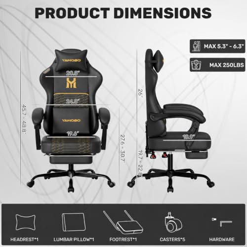 Image of Gaming Chair with Footrest, Ergonomic Video Game Chair with Adjustable Lumbar and Headrest Massage Support,PU Leather High Back Recliner Comfortable for Office, Game and Study, Black